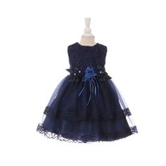 This Baby Girls Dress Features A Fully Lined Lace Covered Top, Tulle Skirt With Lace Lining, Clip-On Embellished Floral Belt, Back Zipper And Sash Tie Closure. Elegant Blue Princess Dress For Baptism, Elegant Blue Tutu Dress For Baptism, Elegant Blue Princess Dress For Dress-up, Blue Lace Dress For Pageant, Blue Lace Dresses For Pageant, Blue Lace Pageant Dress, Blue Lace Dresses For Pageants, Blue Lace Princess Dress For Party, Blue Fitted Lace Princess Dress