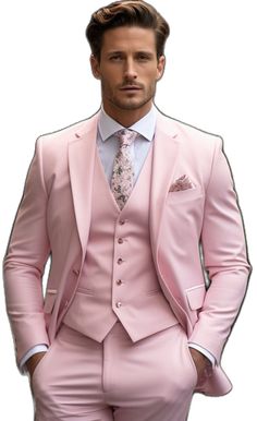 Classic Pink Blazer For Wedding, Men’s Wedding Suits Pink, Classic Pink Wedding Suit, Luxury Pink Three-piece Wedding Suit, Tailored Pink Suit For Groom, Luxury Fitted Pink Suit, Classic Pink Three-piece Wedding Suit, Tailored Pink Suits For Groom, Pink Tailored Three-piece Suit For Wedding