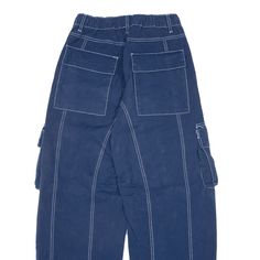 Item is in good used condition. >Size: W24 L28 >Waist Size: 24" >Inside Leg: 28" >Rise: 10" >Hem: 10" Blue Denim Cargo Pants With Patch Pockets, Mid-rise Blue Cargo Pants With Patch Pockets, Blue Mid-rise Cargo Pants With Patch Pockets, Blue Wide Leg Bottoms With Contrast Stitching, Blue Wide-leg Bottoms With Contrast Stitching, Blue Jeans With Belt Loops For Streetwear, Utility Denim Bottoms With Contrast Stitching, Blue Denim Cargo Pants With Belt Loops, Blue Mid-rise Cargo Pants With Hip Pockets