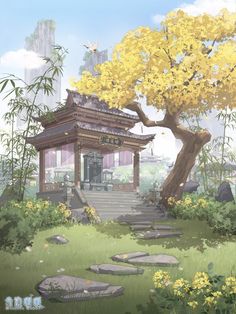 a painting of a small pagoda in the middle of a field with trees and flowers