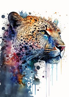 a watercolor painting of a leopard's head with colorful spots on its face