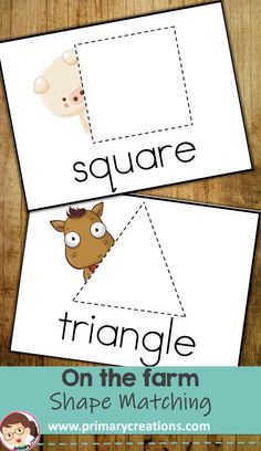 two pictures with the words square and triangle on them, one has an image of a cow