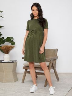 Maternity Cuffed Sleeve Solid Dress Army Green Casual  Short Sleeve Fabric Plain A Line Slight Stretch Summer Maternity Clothing, size features are:Bust: ,Length: ,Sleeve Length: Latest Maternity Dresses, Casual Maternity Dress, Cute Maternity Dresses, Maternity Clothes Summer, Shein Maternity, Summer Maternity, Casual Maternity, Summer Pregnancy, Lantern Sleeve Dress