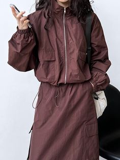 Long Sleeves Loose Drawstring Elasticity Pockets Solid Color Zipper Stand Collar Jacket Top + Split-Back Skirts Bottom Two Pieces Set BLACK-L Stand Collar Jacket, Stand Collar Jackets, Leisure Fashion, Split Skirt, Collar Jacket, Woman Silhouette, Black Khakis, Zipper Jacket, Fashion Seasons