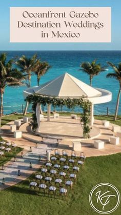 an outdoor wedding venue with chairs and tables in front of the ocean, surrounded by palm trees