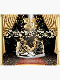 a pair of sneakers with the words sneaker ball on it and fireworks in the background