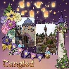 a collage of images with lights and flowers on them, including a castle in the background