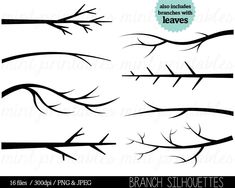 branch silhouettes with leaves and branches clipart for use in crafts, cards or scrapping