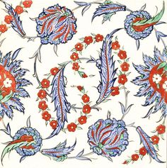 an artisticly designed tile with red and blue flowers