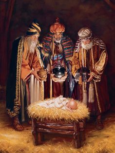 three wise men and a baby in a manger with an infant on his lap