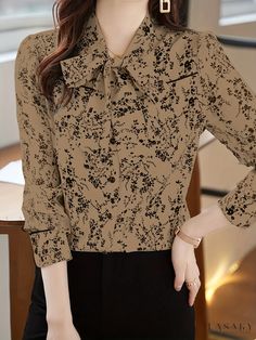 Lasaky - Elegant Floral Print Tie Neck Blouse: Fashionable Button Front Womens Clothing Spring Office Blouse In Brown, Elegant Brown Tops With Collar, Spring Brown Office Blouse, Spring Office Brown Blouse, Beige Floral Print Button-up Blouse, Beige Button-up Blouse With Floral Print, Elegant Brown Blouse With Floral Print, Elegant Brown Floral Print Blouse, Brown Office Blouse With Button Closure