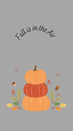 the fall is in the air card with pumpkins and autumn leaves on grey background