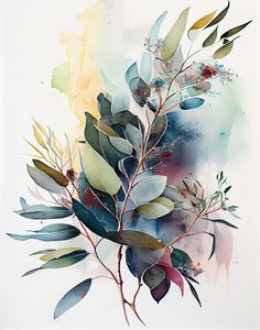 a watercolor painting of leaves and berries