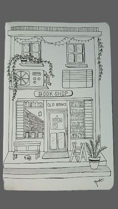 a black and white drawing of a book shop with potted plants on the front