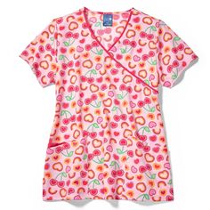 Need a print scrub top that adds style to your medical scrubs uniform? Look no further than Zoe+Chloe Contrast Mock Wrap Print Top. This print scrub top features a beautiful print with a mock wrap neckline that creates a fashionable looking pair of scrubs. Two lower patch pockets on this scrub top have plenty of room to store many of your essential items while the contrast pocket is the right size to hold your cell phone. The small contrast accent binding fabric is a nice fashion feature but als Patterned Scrubs, Fun Scrubs, Leg Scrub, Nurse Scrubs, Fit Scrubs, Cute Scrubs, Scrubs Uniform, Nice Fashion, Polyester Spandex Fabric