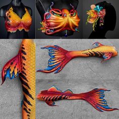 the body is painted with different colors and designs, including an elaborate fish headdress