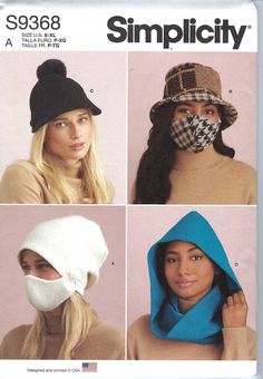 four different hats and scarves are featured in the pattern book simplicity