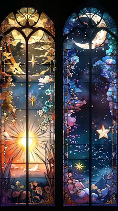 two stained glass windows with the sun shining through them, and stars in the sky