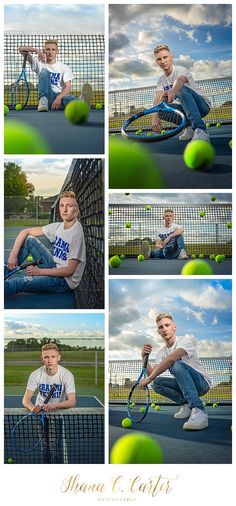 multiple shots of a man playing tennis on the court with his racket and ball