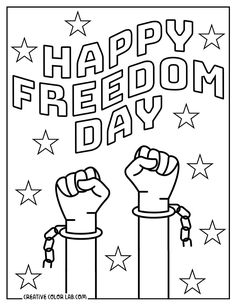 happy freedom day coloring page with two fists in the air and stars on the background