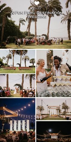 a collage of photos with palm trees in the background and people at an event