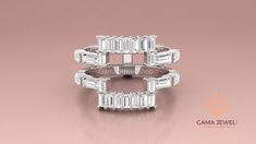 three emerald cut diamond rings on a pink background with the caption caramel jewels