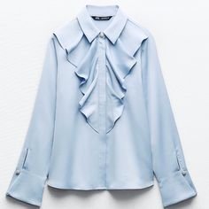 Nwt - Zara Women's Blue Blouse - Small - Silk Satin Finish Baby Blue Zara Ruffle Blouse With Jewel Pearl Button Detail And Hidden Buttons Down The Front. Elegant Light Blue Collared Shirt, Zara Light Blue Workwear Blouse, Light Blue Long Sleeve Formal Top, Elegant Long Sleeve Light Blue Blouse, Elegant Light Blue Long Sleeve Blouse, Zara Light Blue Long Sleeve Shirt, Blue Zara Office Shirt, Zara Blue Office Shirt, Elegant Light Blue Collared Blouse