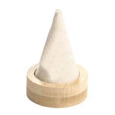 a wooden stand with a white cone on it's top and the base is made out of wood