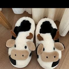 Women's Cow Plush Novelty Slippers, Kawai Closed Toe Warm & Cozy Fluffy Shoes, Indoor Mute Bedroom Slippers Cow Slippers, Funny Shoes, Fluffy Shoes, Casual Shoes Women Flats, White Teddy Bear, Pyjama Satin, Teddy Dog, Dr Shoes, Animal Slippers