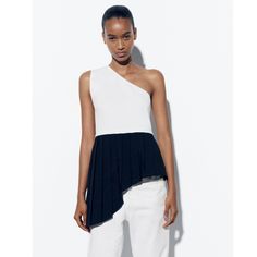 Nwt Zara Woman Top With Contrasting Hem Pleated Size M Medium White Asymmetrical Blouse For Evening, White Asymmetrical Tops For Party, Elegant Black And White Summer Top, Elegant Black And White Top For Summer, White Casual Evening Blouse, Casual White Evening Blouse, Asymmetrical White Top For Night Out, White Asymmetrical Top For Night Out, White Zara Tops For Night Out