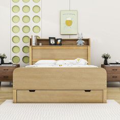 a bed sitting in a bedroom on top of a wooden dresser next to a white rug