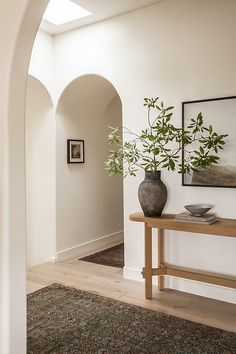 a vase with a plant in it is sitting on a table next to a doorway