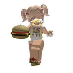 an animated girl holding a hamburger and french fries