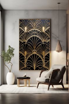 an art deco living room with black and gold artwork on the wall, leather chair and coffee table