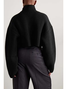 BALENCIAGA Oversized cropped ribbed wool-blend turtleneck sweater Oversized Workwear Sweater With Chunky Knit, Black Ribbed Wool Sweater, Oversized Chunky Knit Sweater For Work, Chic Oversized Chunky Knit Turtleneck, Black Cropped Sweater With Ribbed Collar, Winter Workwear Cropped Turtleneck Sweater, Winter Turtleneck Cropped Sweater For Work, Elegant Black Cropped Sweater For Fall, Wool Cropped Sweater For Winter Workwear