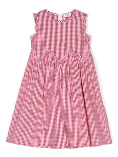 red/white cotton poplin texture gingham check pattern ruffled trim crew neck gathering at the hip rear zip fastening sleeveless flared skirt Girls Casual Dresses, Flared Dress, Vestido Casual, Gingham Check, Flared Skirt, Check Pattern, Dress Red, Flare Skirt, Ruffle Trim