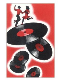 an image of two people dancing on top of vinyl record records in red and black