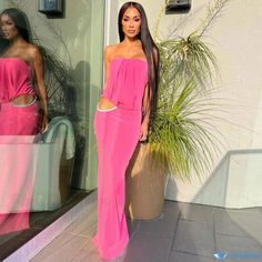 Orcajump - Elegant Crystal-Embellished Pleated Strapless Maxi Evening Dress with Waist Cut-Out and Back Split Maxi Evening Dress, Strapless Maxi, Maxi Dress Evening, Elegant Dresses, Evening Dress, Hot Pink, Cut Out, Evening Dresses, Split