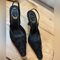 These Brand New Black Rene Caovilla Venezia Crystal Beaded Embellishment Slingback Pumps Are The Perfect Heel To Add To Any Closest! They Are Rare! I Bought Around 4-5 Years Ago, Threw Away The Box, & Never Ended Up Wearing, Because They Didn't Match The Dress I Brought Them For. Can’t Remember Exactly How Much I Paid, But It Was Around $1,200. Literally Never Been Touched & Stored Perfectly With All The Rest Of My Shoes. Perfect New Store Like Condition. Elegant Black Slingback Pumps For Cocktail, Embellished Black Slingback Pumps For Evening, Elegant Black Slingback Pumps For Gala, Fitted Slingback Pumps For Evening, Elegant Embellished Evening Heels, Embellished High Heel Black Slingback Pumps, Embellished Black High Heel Slingback Pumps, Black Embellished High Heel Slingback Pumps, Embellished Black Slingback Pumps For Formal Occasions