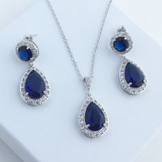 Blue Sapphire Bridal Jewelry Set Wedding Blue Crystal Set Blue Bridal Jewelry Sapphire Teardrop Jewe Blue Bridal Jewelry, Silver Bridesmaid Jewelry, Blue Bridal Earrings, Blue Jewelry Set, Blue Wedding Jewelry, Jewelry Sapphire, Blue Sapphire Jewelry, Teardrop Jewelry, Crystal Wedding Jewelry