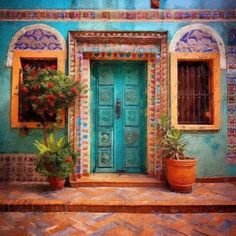 a painting of a blue door with potted plants