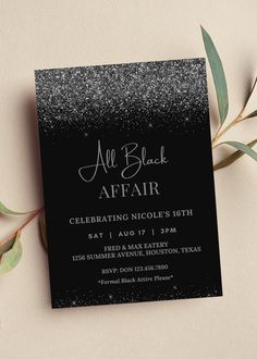 an elegant black and white affair party card with silver glitter on the front, along with greenery