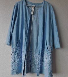 "Chico's women's denim light coat Distressed denim Frayed hem, white stitches all around Two side pockets Open front 3/4 sleeve Floral embroidery - see photos Back split Great condition Dimension shoulder 18\" armpit to armpit 25\" sleeve 18.5\" length 35\"" Light Blue Coat, Light Coat, Blue Coats, Floral Embroidery, Distressed Denim, Tie Dye Top, Denim Women, Kimono Top, Tie Dye