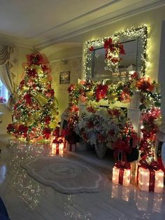 christmas trees decorated with red and white lights