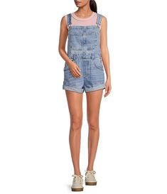 Free People Ziggy Square Neck Sleeveless Frayed Cuffed Hem Shortall Overalls | Dillard's Sleeveless Cotton Shortalls, Casual Style, Casual Cotton Sleeveless Shortalls, Casual Sleeveless Shortalls With Pockets, Trendy Sleeveless Cotton Shortalls, Trendy Bib Front Shortalls, Trendy Sleeveless Shortalls With Pockets, Casual Sleeveless Overalls With Side Pockets, Summer Sleeveless Utility Denim Jumpsuit, Casual Shortalls With Adjustable Straps