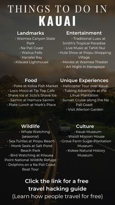 an info sheet with the words things to do in kauai, hawaii and other destinations