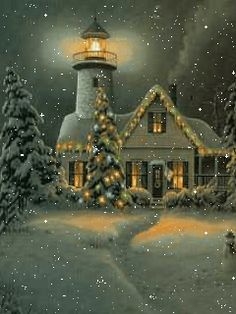 a christmas scene with a lighthouse and snow covered trees