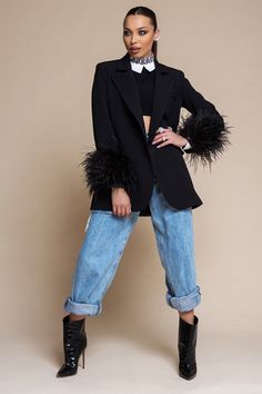 Details: ★ Jacket ★ Loose silhouette ★ Decorated with black ostrich feathers ★ Lining ★ Two side pockets ★ Front button fastening ★ Color black Black Blazer Women, Blazer Women, Women Coats, Blazer Designs, Ostrich Feather, Women Jacket, Sleeve Women, Ostrich Feathers, Womens Blazers