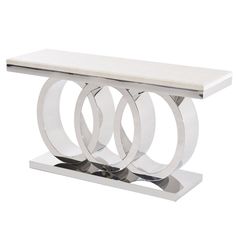 a white marble and chrome console table with three circular rings on each end, in front of a white background