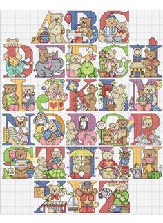 a cross stitch pattern with teddy bears and letters on it, all in different colors